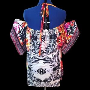 NY COLLECTION WOMEN COLORFUL COLD SHOULDER HALTER TOP